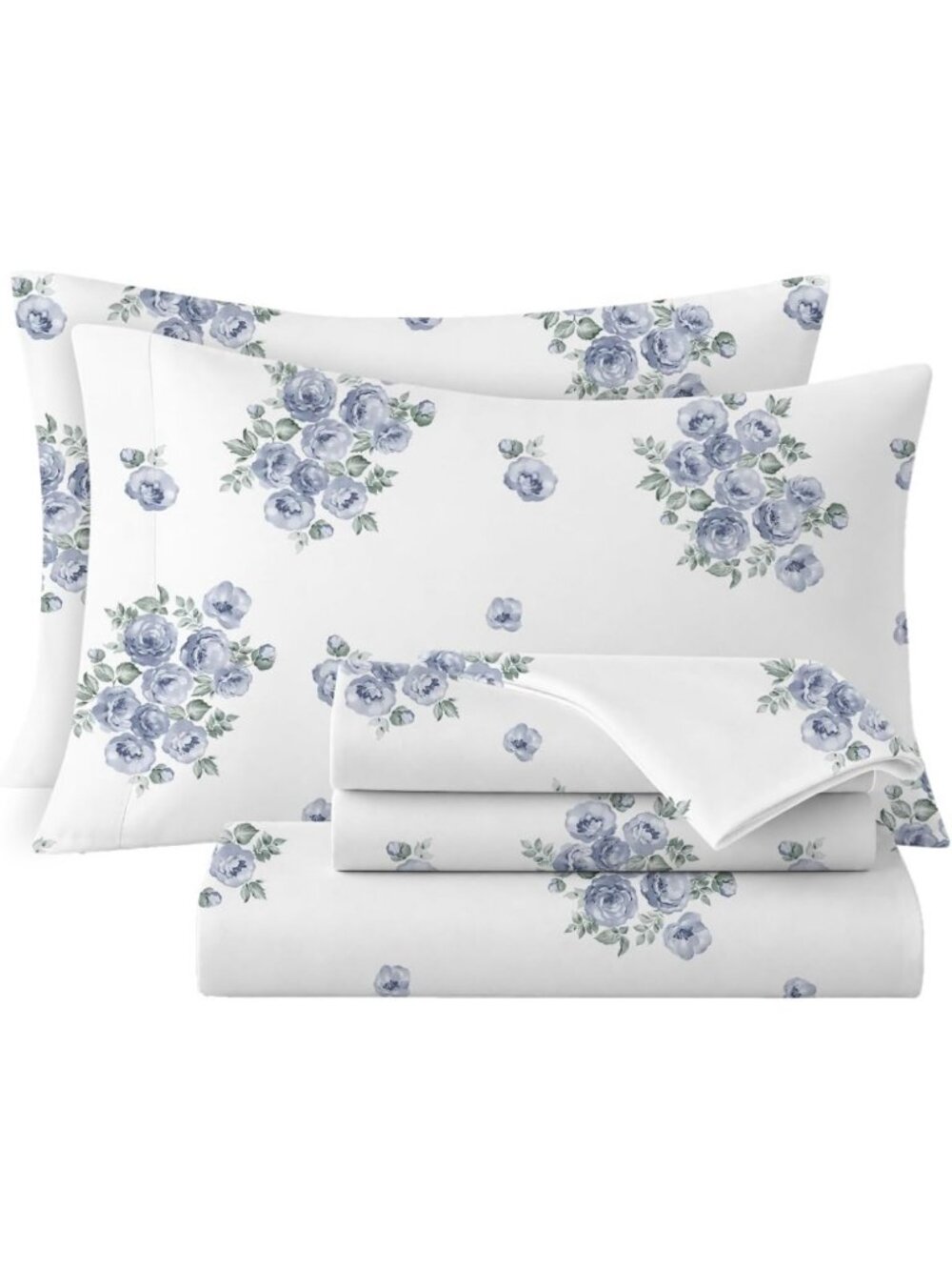 King Blue Rose Floral Sheets Set - 100% Cotton Percale, Deep Pocket 16” Fit